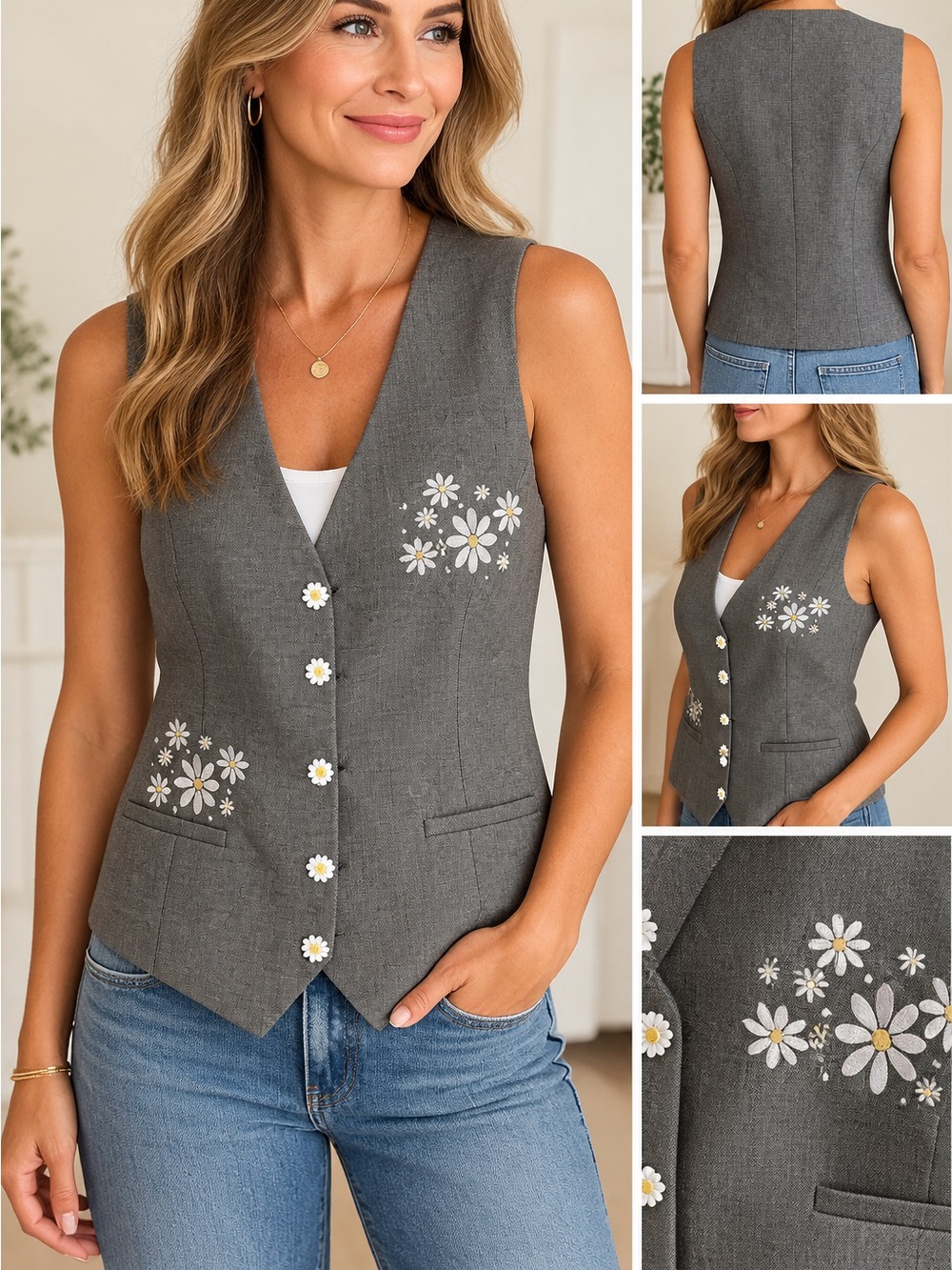 jf j.ferrar Gray Floral Embroidered Vest with White & Yellow Accents